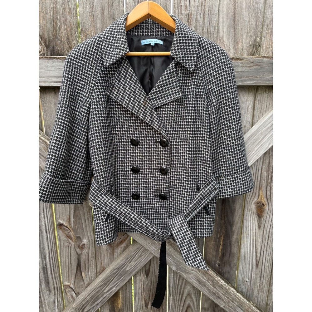 Antonio Melani Houndstooth Double Breasted Belted Jacket Black White Size 12